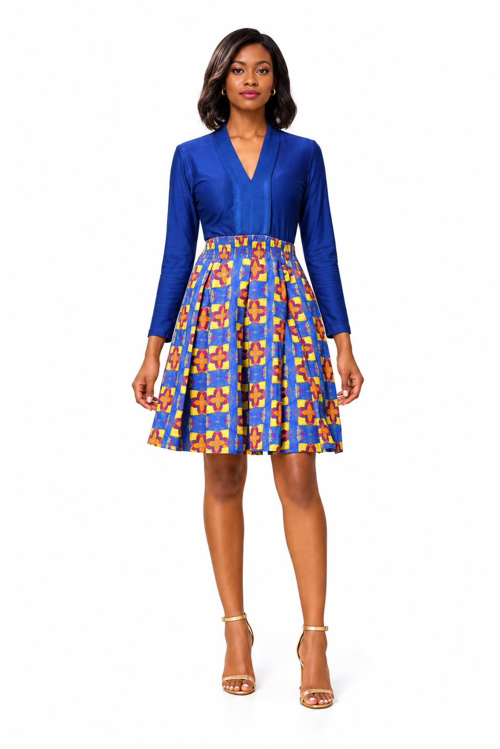 ALLEON Calafia Long-Sleeve Print Dress – full-body model front view
