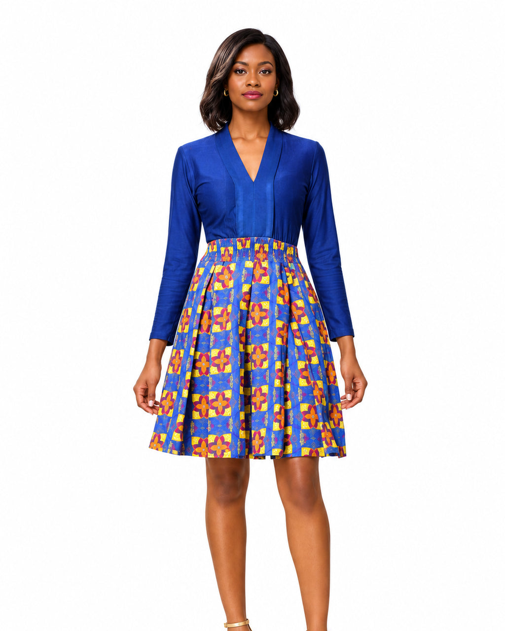 Calafia Long-Sleeve Print Dress – top detail view