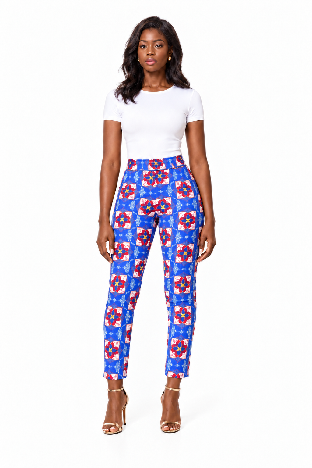 Dihya Print Pants – Blue variant, full-body model view