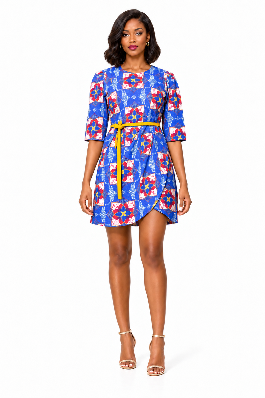 Nandi Wrap Print Dress – Blue variant, full-body model view
