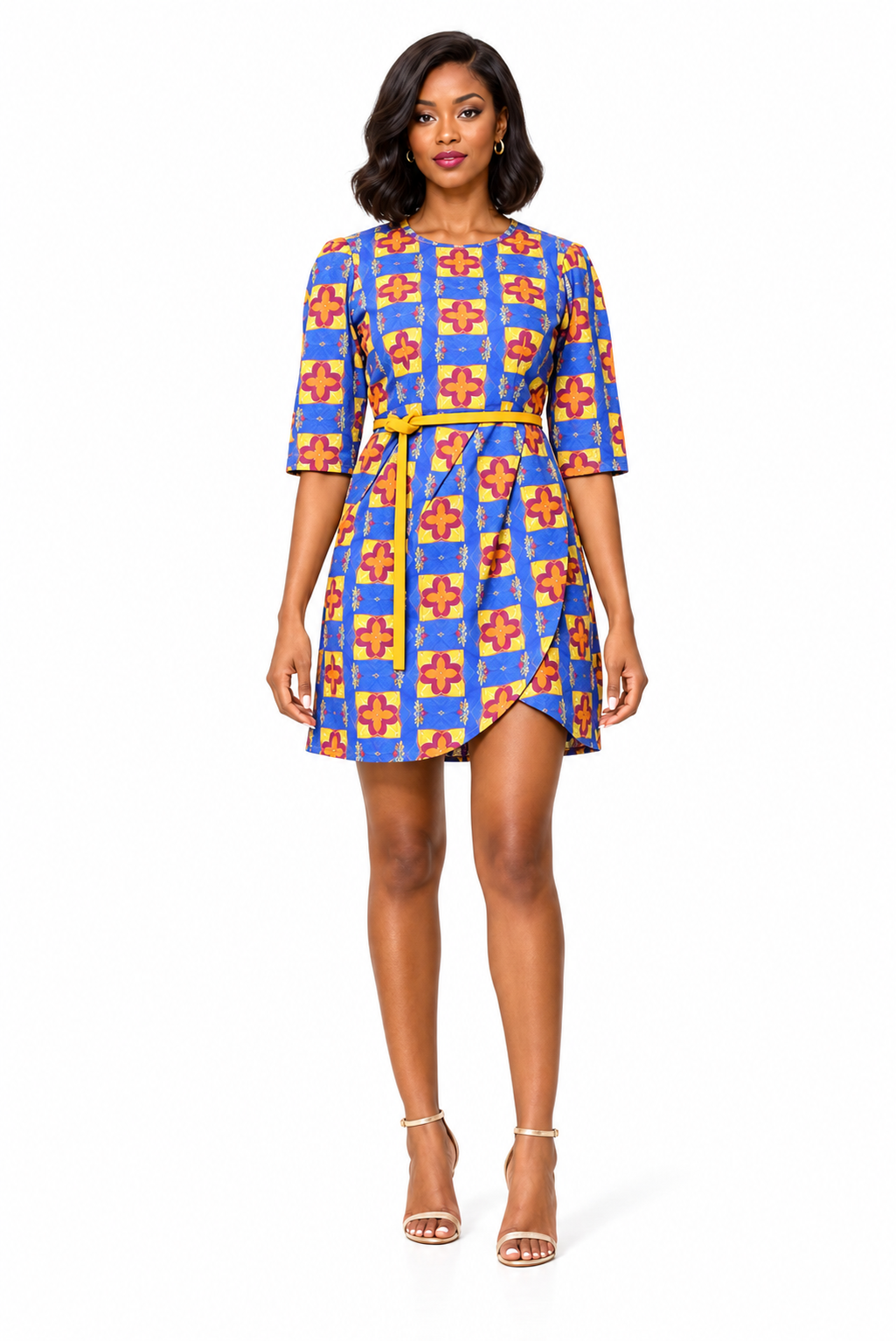 ALLEON Nandi Wrap Print Dress – full-body model front view