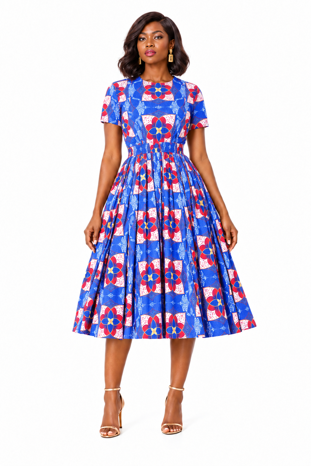 Taitu Short-Sleeve Print Dress – Blue variant, full-body model view