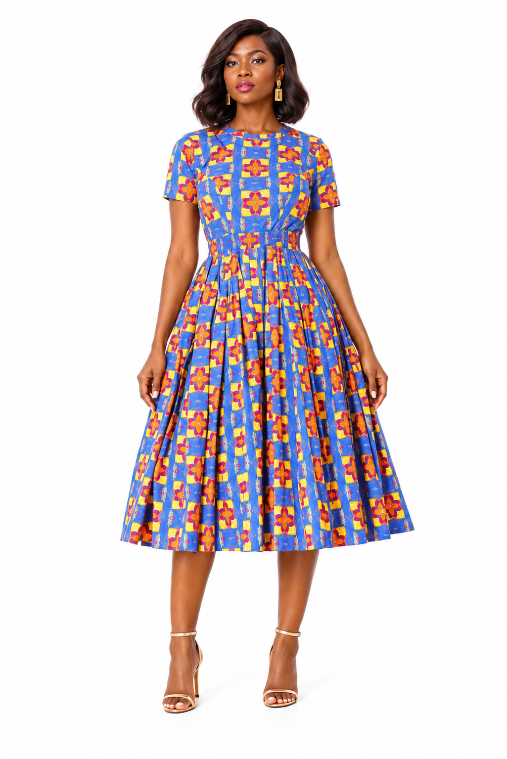 ALLEON Taitu Short-Sleeve Print Dress – full-body model front view