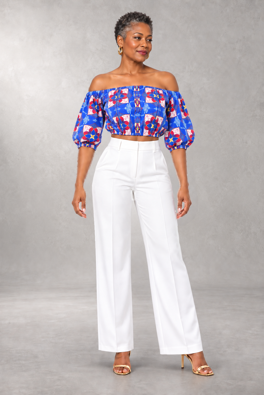 Aminatu Off-Shoulder Print Crop Top — Blue — ALLEON Fashion