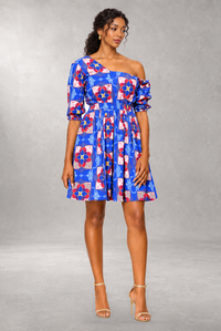 Nzinga One-Shoulder Print Dress — Blue — ALLEON Fashion