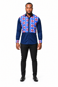 Alloma Print Shirt – Blue variant, full-body model view