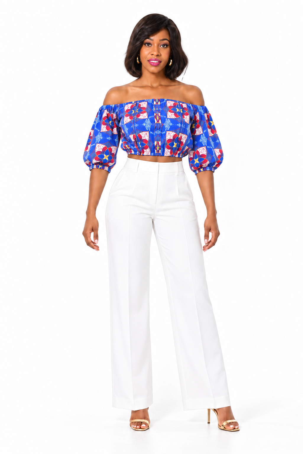 Aminatu Off-Shoulder Print Crop Top – Blue variant, full-body model view