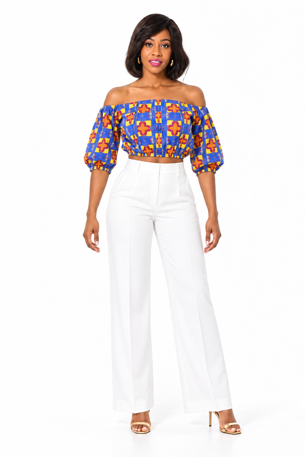 ALLEON Aminatu Off-Shoulder Print Crop Top – full-body model front view
