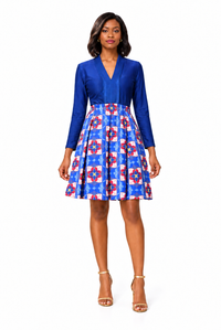 Calafia Long-Sleeve Print Dress – Blue variant, full-body model view