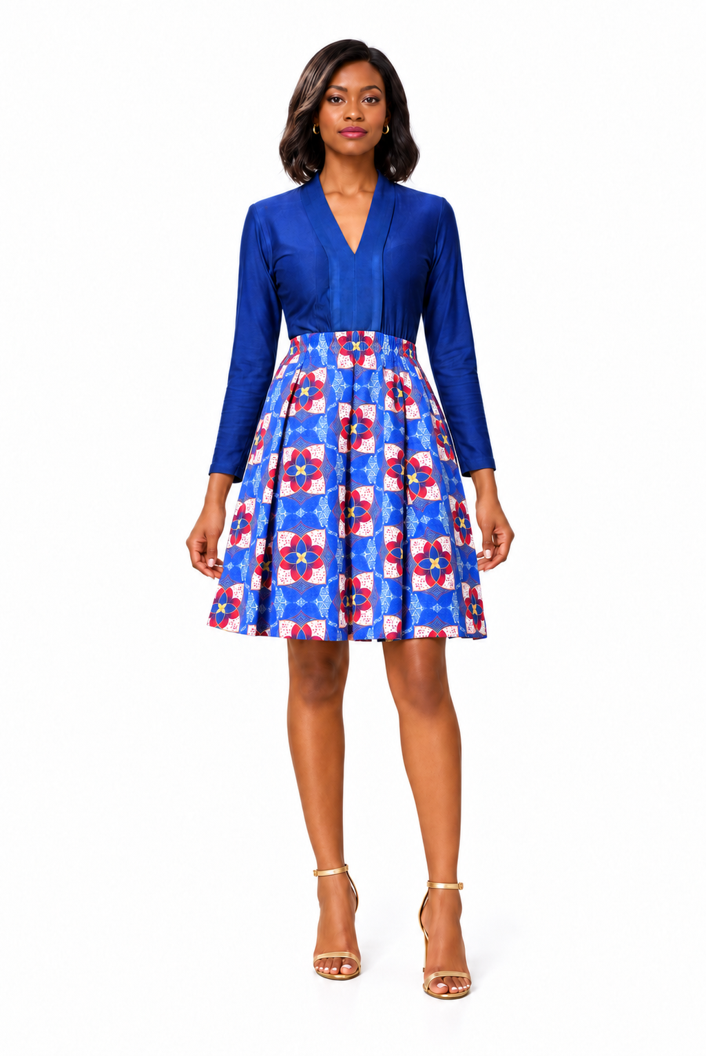 Calafia Long-Sleeve Print Dress – Blue variant, full-body model view