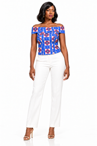 Candance Off-Shoulder Print Top – Blue variant, full-body model view