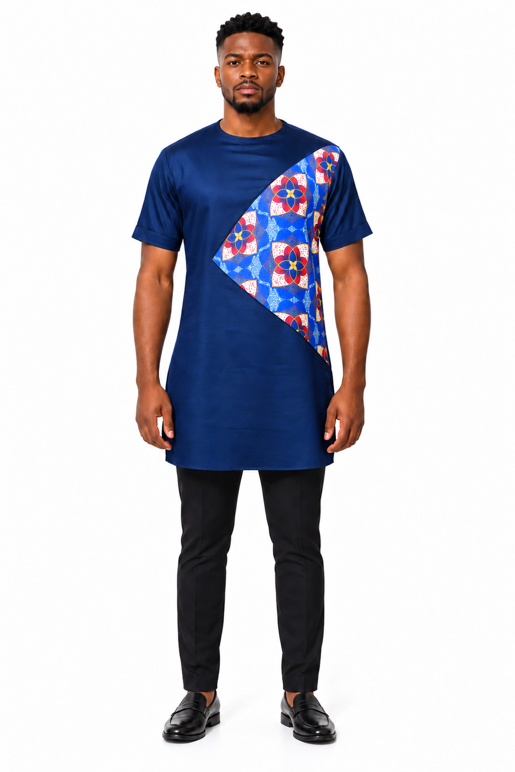 Ghezo Long Print Shirt – Blue variant, full-body model view