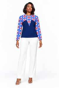 Mussasa Chiffon Print Shirt – Blue variant, full-body model view