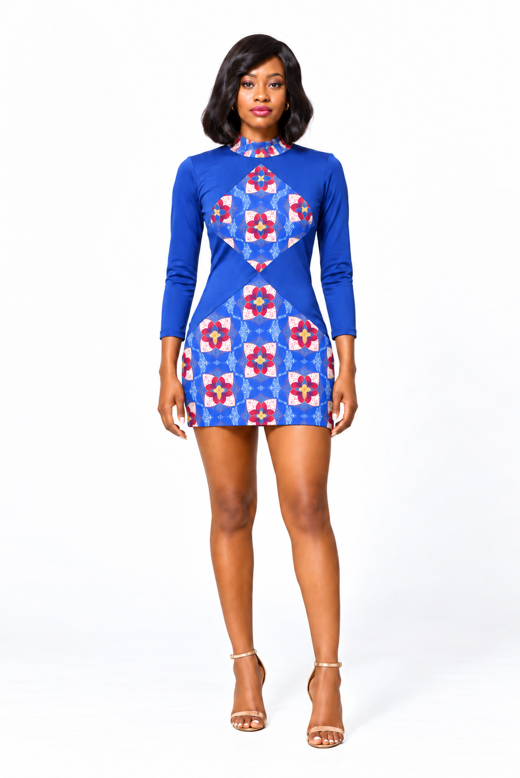 Nanny Long-Sleeve Print Dress – Blue variant, full-body model view