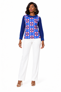 Nehanda Chiffon Print Shirt – Blue variant, full-body model view
