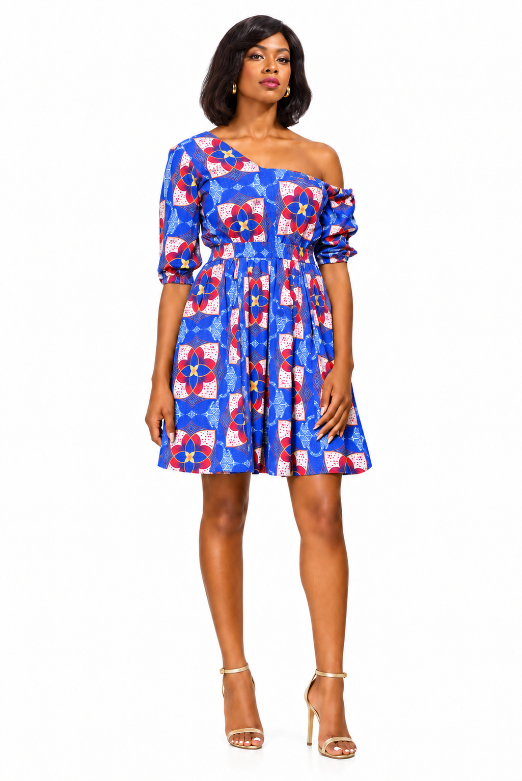 Nzinga One-Shoulder Print Dress – Blue variant, full-body model view