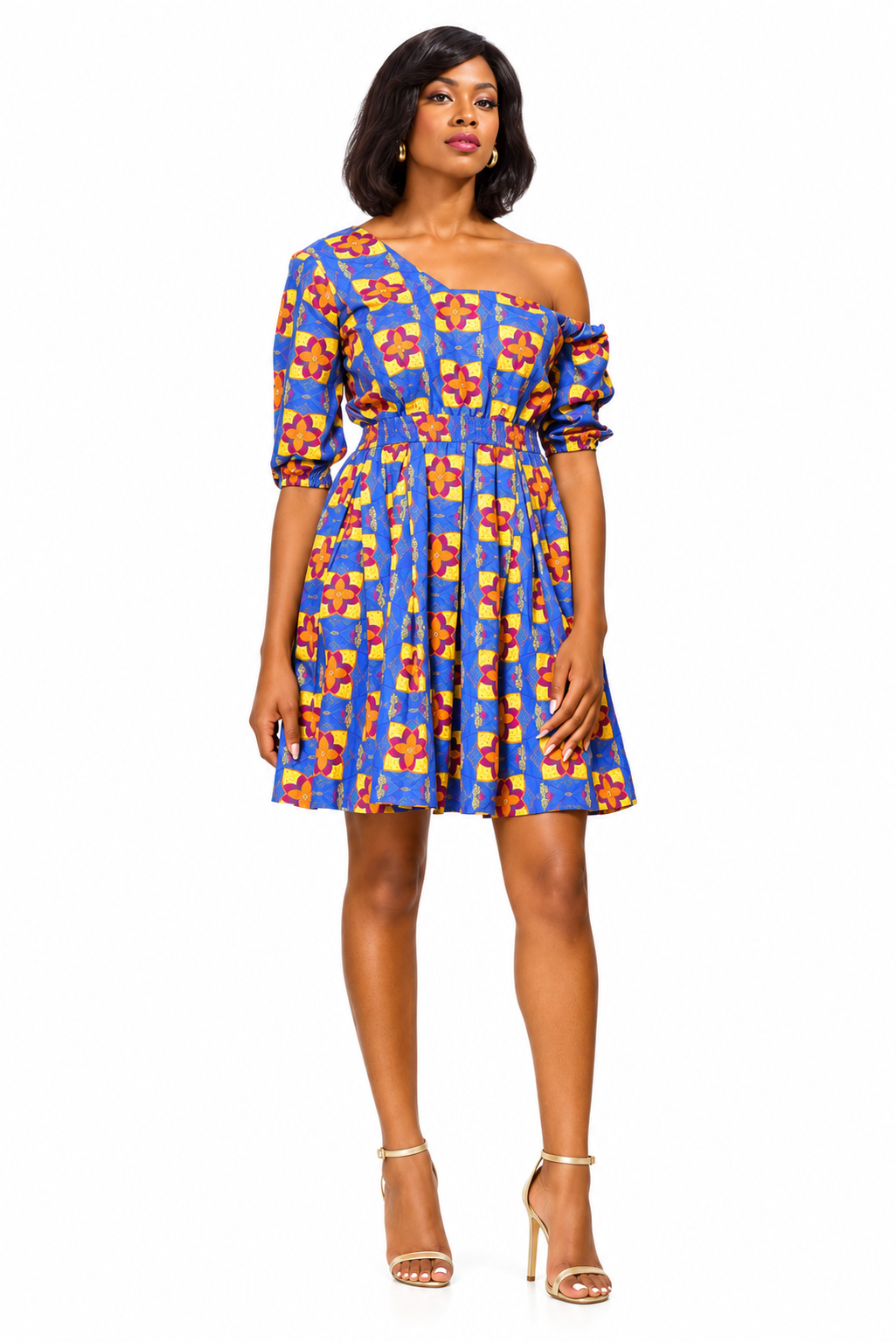 ALLEON Nzinga One-Shoulder Print Dress – full-body model front view