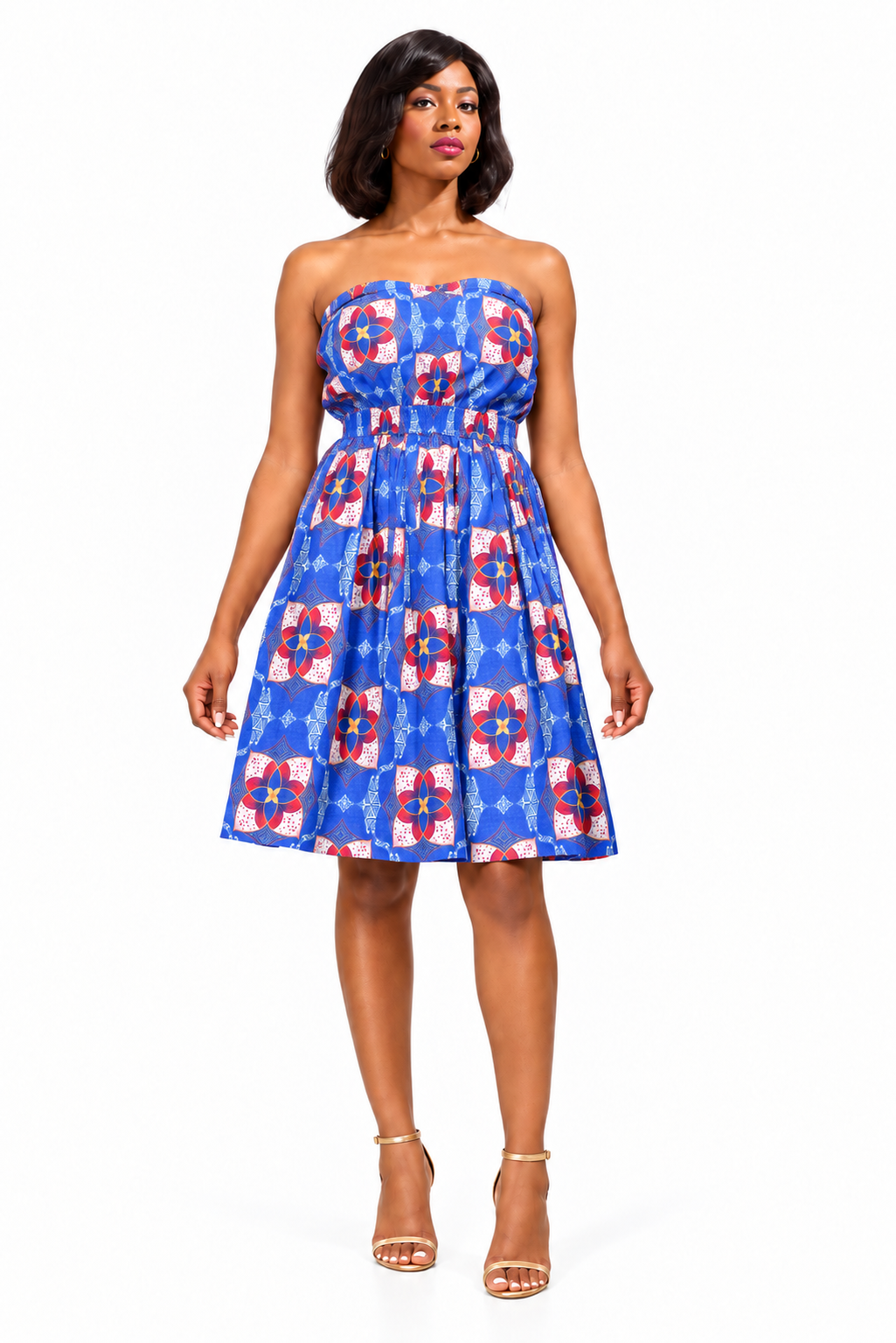 Pokou Off-Shoulder Print Dress – Blue variant, full-body model view