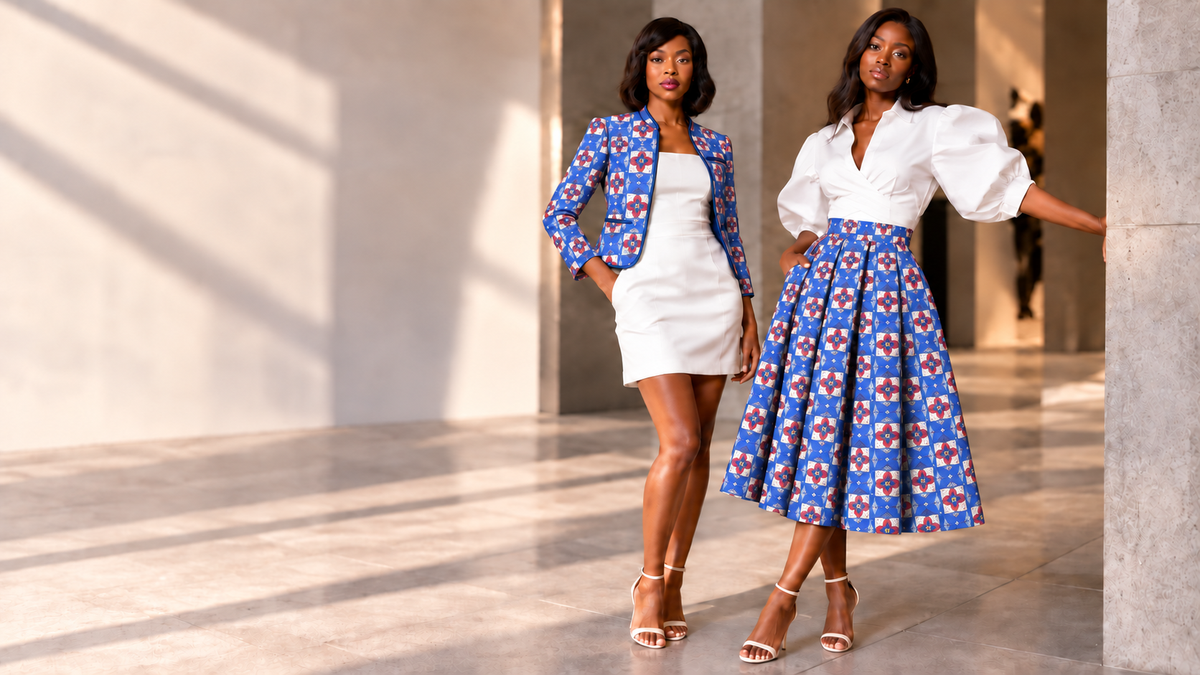 Kanuni Blazer und Kahina Midi Rock im blauen Print