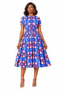 Taitu Short-Sleeve Print Dress – Blue variant, full-body model view