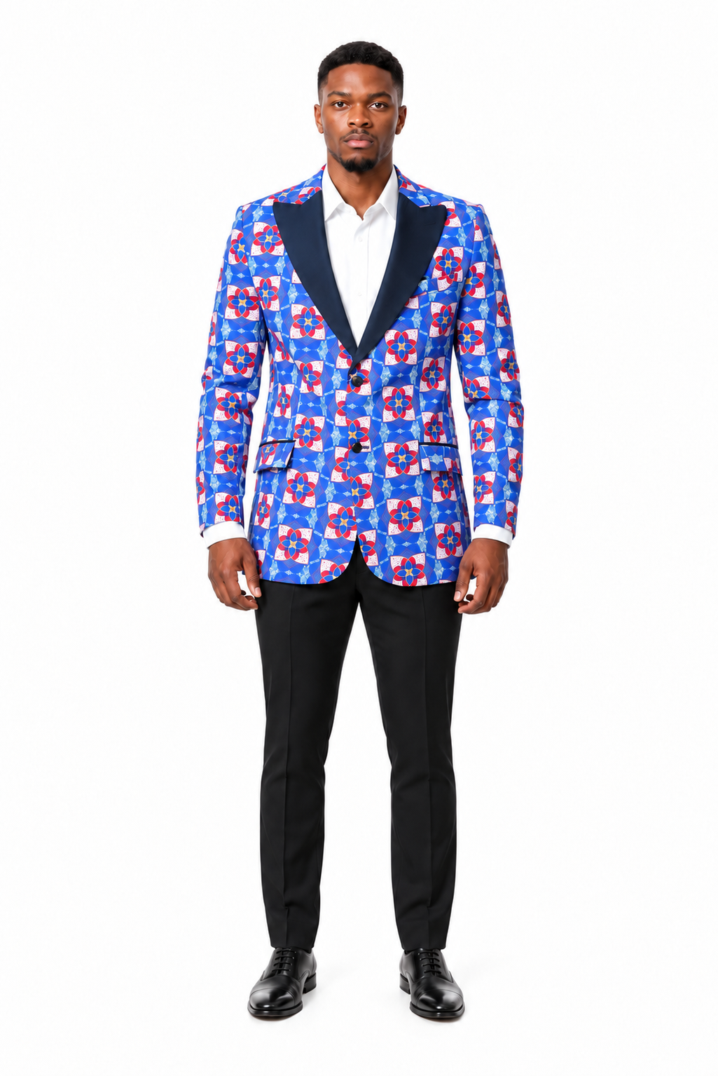 Tutu Print Blazer – Blue variant, full-body model view