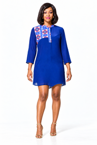 Yoko Chiffon Print Shirt Dress – Blue variant, full-body model view