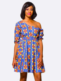 Nzinga African Dress fit and flare, One Shoulder - ALLEON